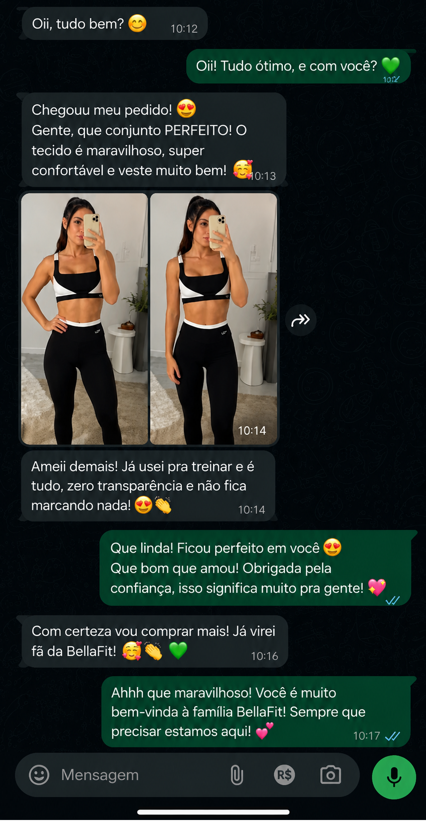 Print de cliente aprovando o conjunto Lot Preto & Branco